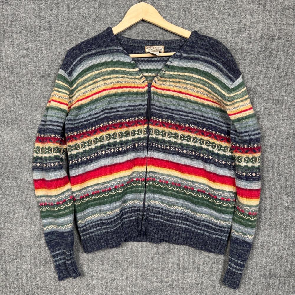 Vtg Heirloom Collectibles Large Cardigan Sweater Navy Fair Isle Stripe Full Zip